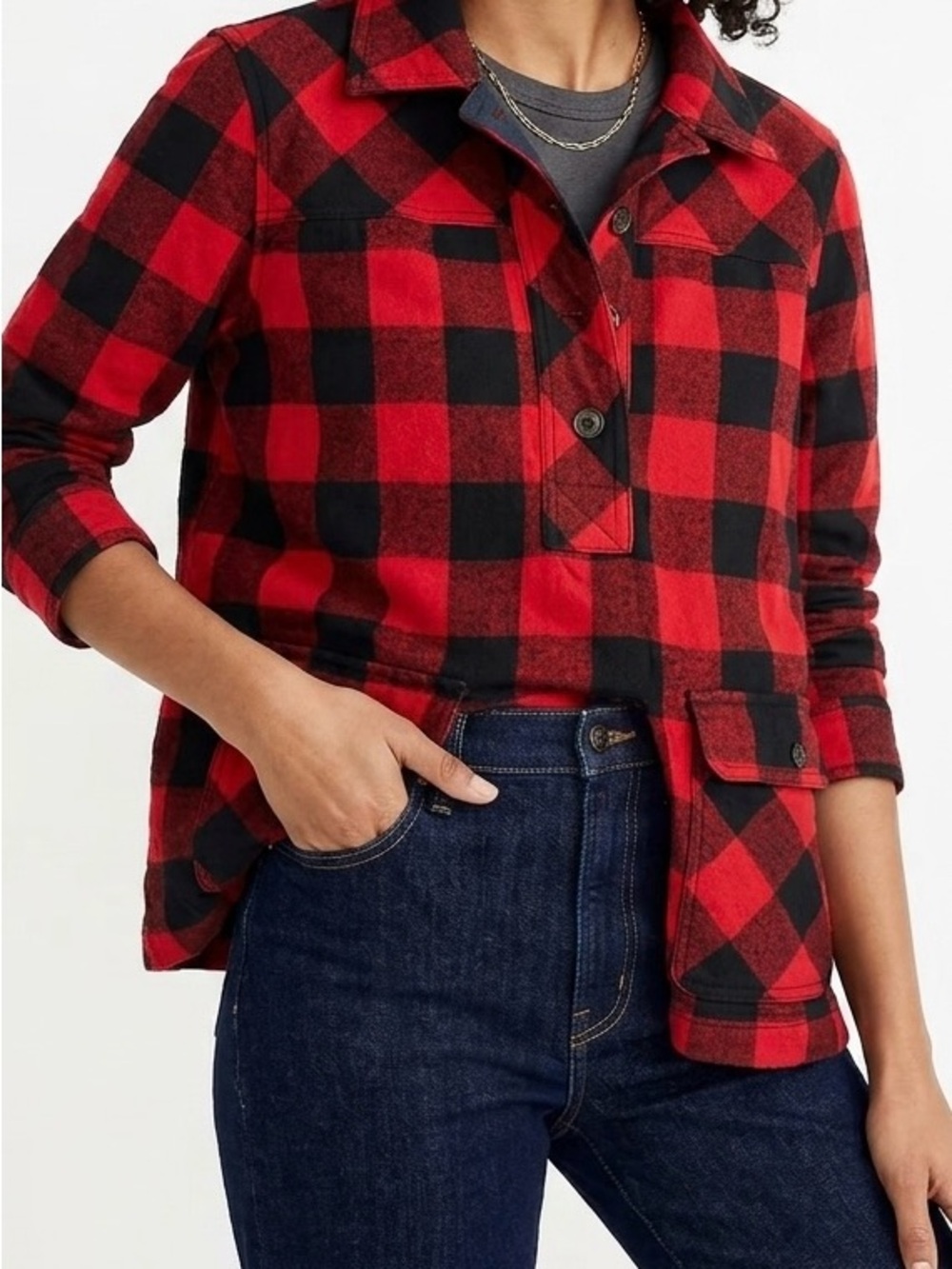 J. Crew Buffalo Plaid Popover Shirt Jacket Shacket Red Black Flannel Medium